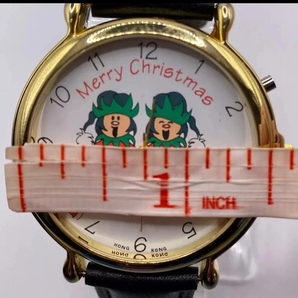 Vintage Christmas Watch Gold Tone Genuine Leather Band Holiday Elves New Battery - Picture 7 of 10